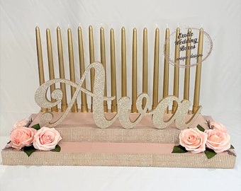 Gold and Blush Pink Candelabra for Sweet 16, Quinceanera, Bat Mitzvah Candle lighting Ceremony