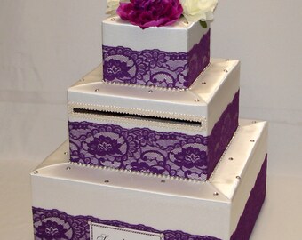 Elegant Custom made Ivory/Plum lace Wedding Card Box-rhinestones-any colors