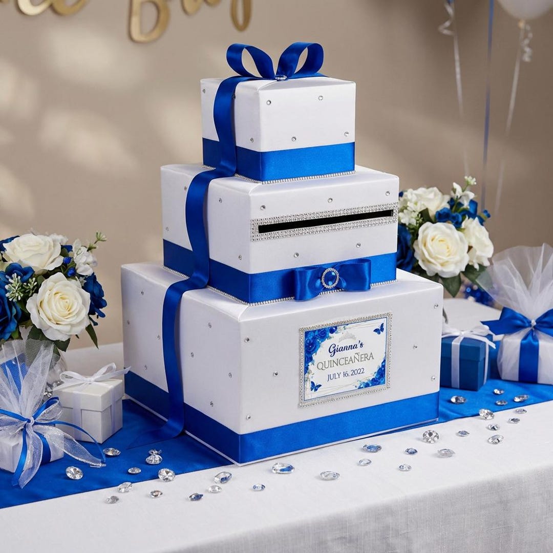White & Royal Blue Wedding Card Box – Elegant Gift Card Holder for ...