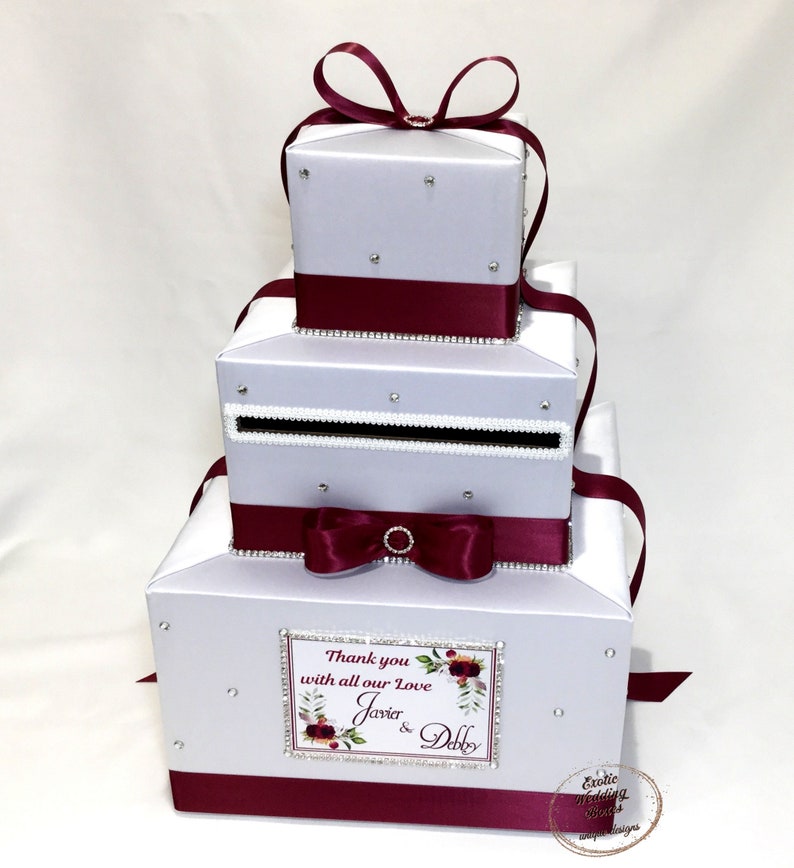 White and Burgundy Wedding Card Box-any colors-rhinestone accents image 2