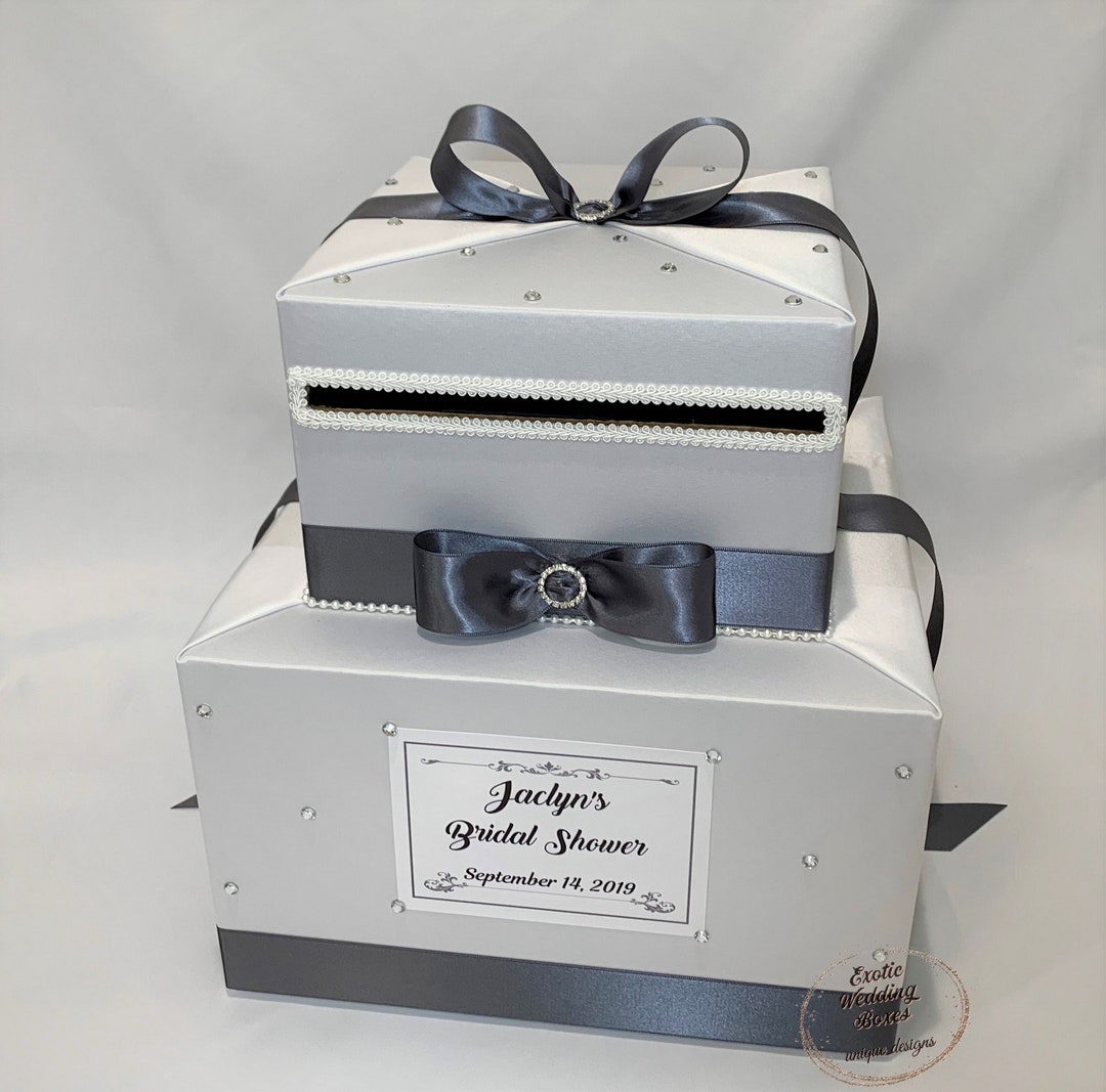 White and Charcoal Gray Wedding Card Box With Rhinestones, Pearl Trim ...