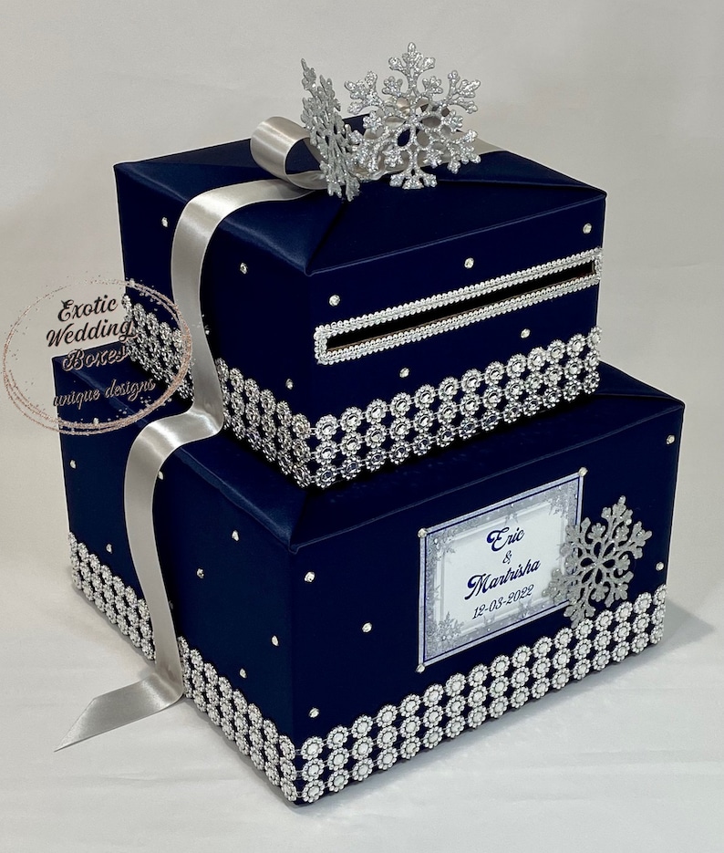 Navy Blue and Silver Winter Wedding Card Box With Snowflakes | Guest ...