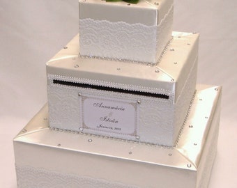 Ivory-White Lace  Wedding Card Box-rhinestone accents and Roses on top and opposite corners