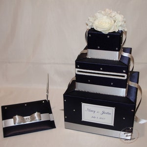 Navy Blue and Silver Wedding Card Box and matching Guest Book -White Silk Flowers -Rhinestone accents