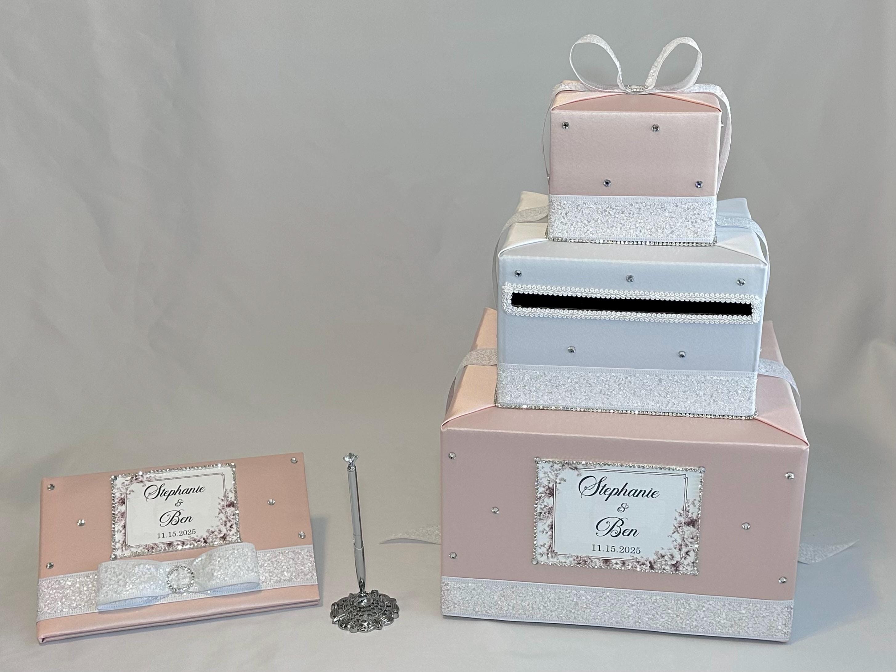 Blush Pink & White Wedding Card Box With Glitter Ribbon | Elegant Card ...