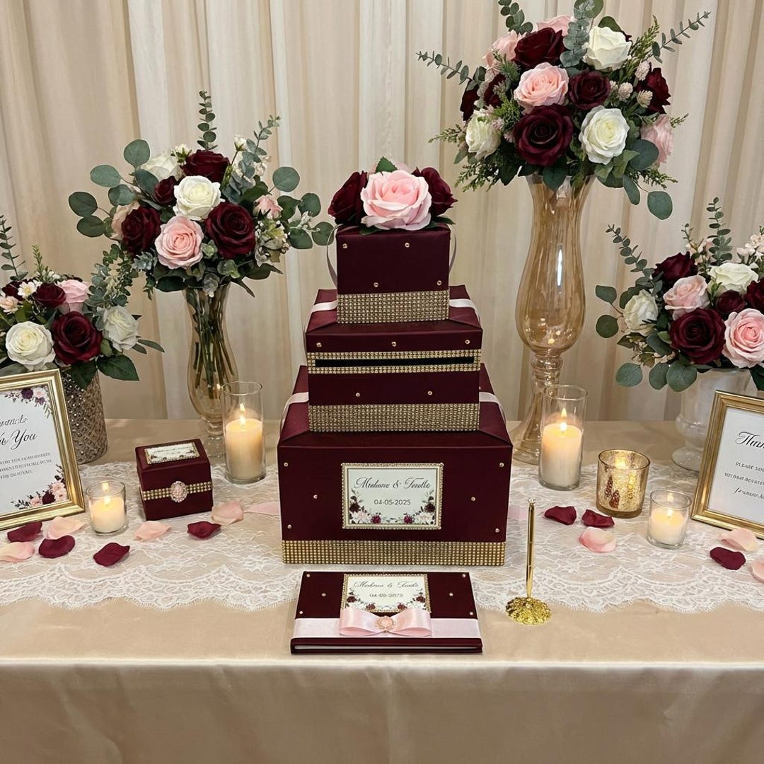 Burgundy and Gold Card Box | Personalized Wedding Card Box | Money ...