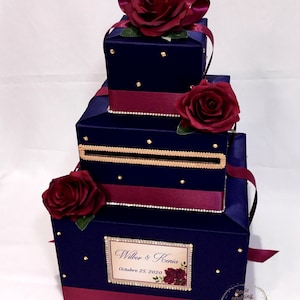 Navy Blue and Burgundy Wedding Card Box with Gold Rhinestones, Burgundy Roses