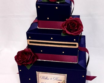 Navy Blue and Burgundy Wedding Card Box With Gold Rhinestones, Burgundy ...
