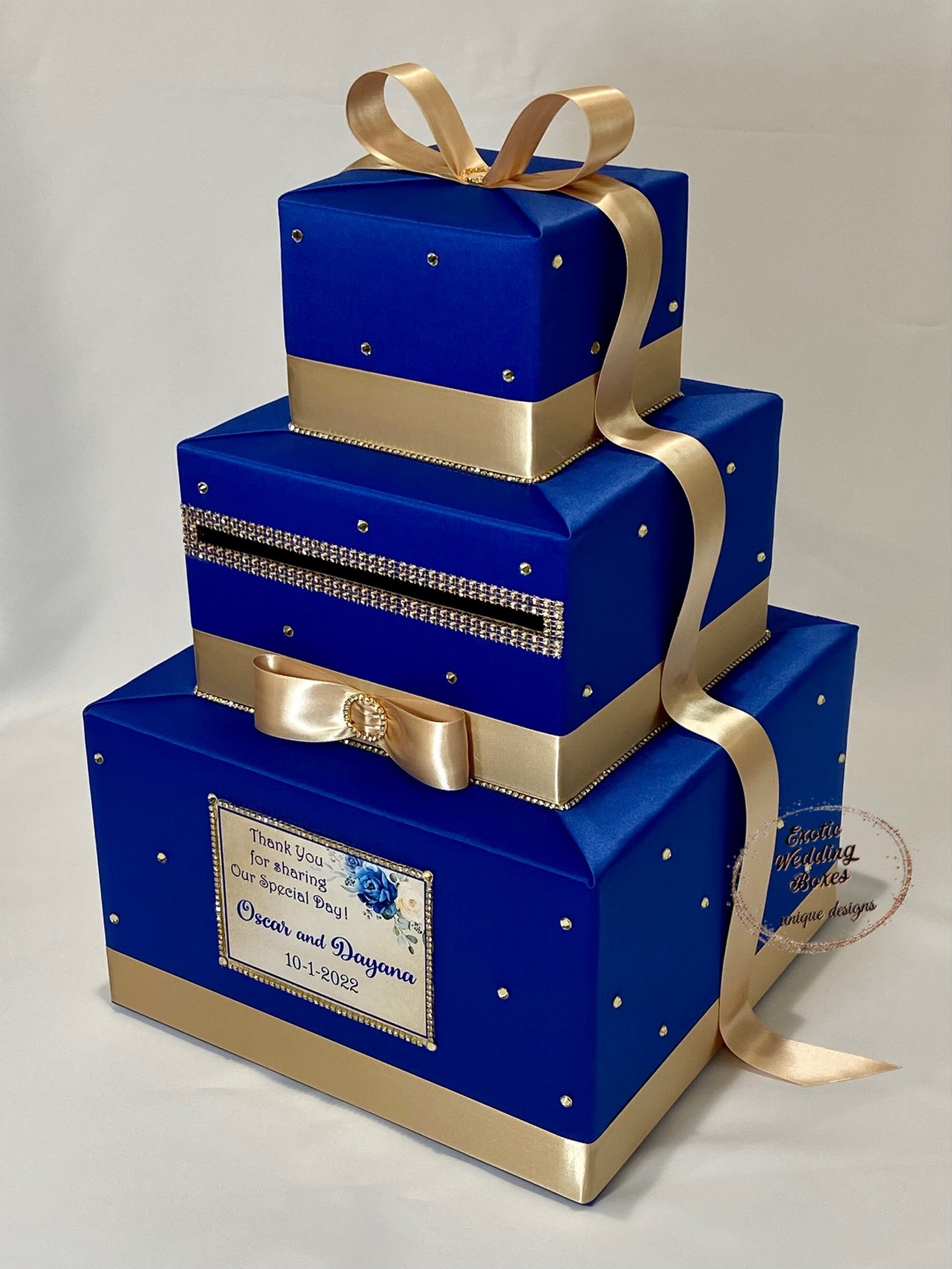 Royal Blue & Champagne Gold Wedding Card Box, Elegant Gift Card Holder ...