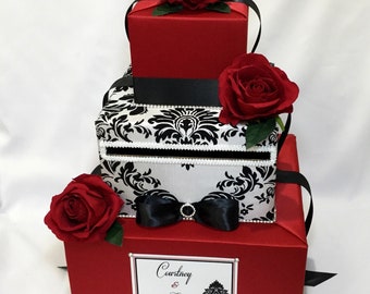 Crimson Red with Black and White Damask Card Box with Red Roses