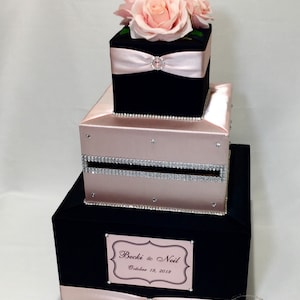 Boîte pour cartes noire et rose poudré, porte-cartes pour mariages, douches nuptiales, Sweet 16, Quinceanera