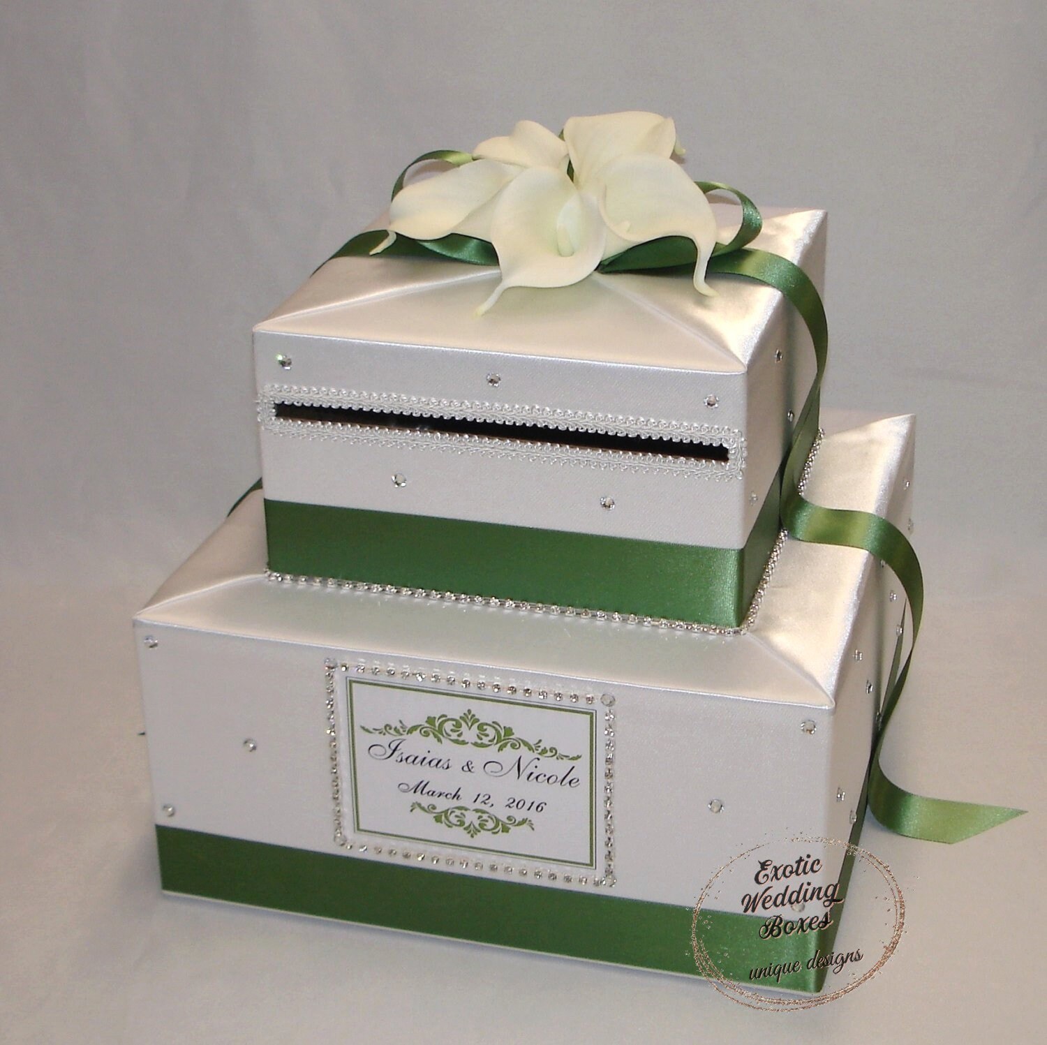 Elegant Wedding Card box-White and Clover Green-White Calla  Lilies-Rhinestone accents