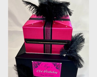 Schwarz und Fuchsia Card Box mit Federn für Hochzeiten, Sweet 16, Quinceanera, Geburtstag