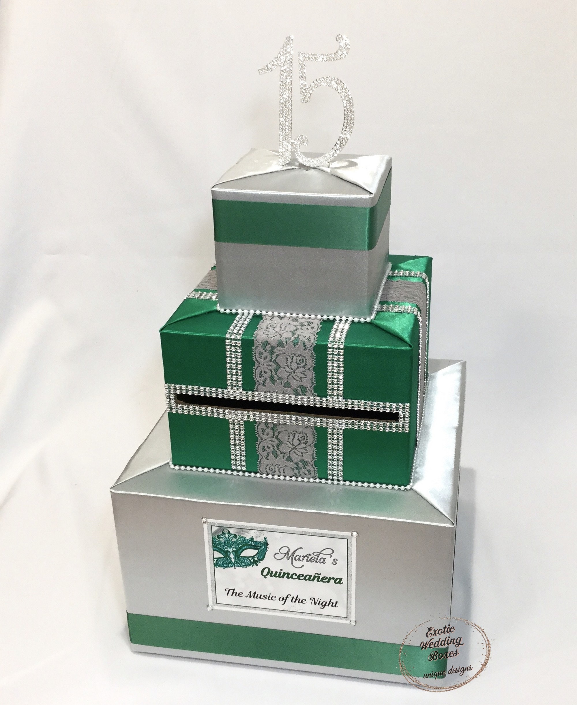 Silver and Green Sweet 16 Card Box Masquerade Party Masquerade Sweet Sixteen