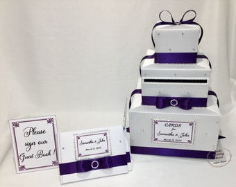 White and Deep Purple,Eggplant Wedding card Box with matching Guest Book with Pen and Guest Book Sign