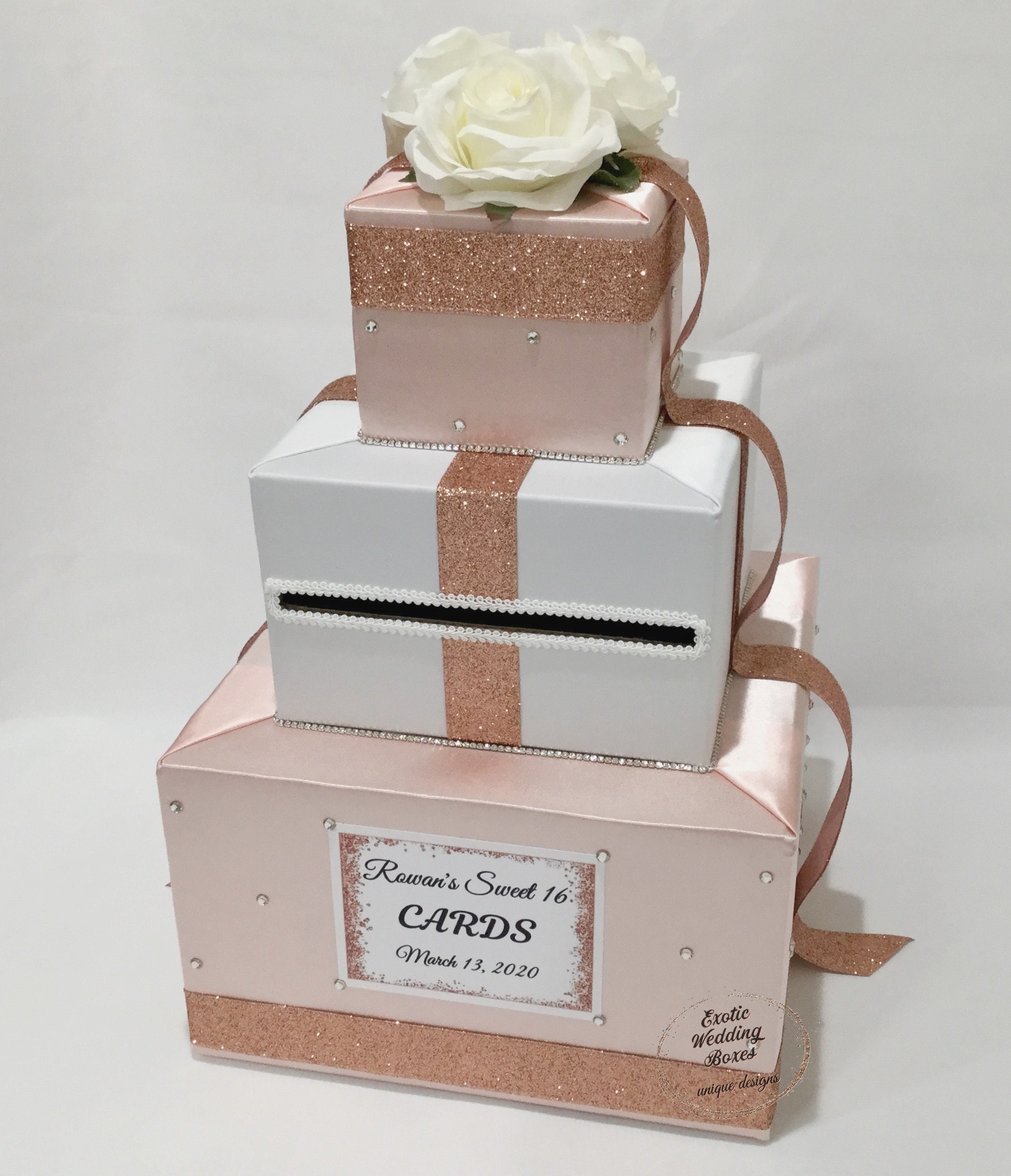 Blush Pink White and Rose Gold Card Box with White Roses and Rhinestone accents