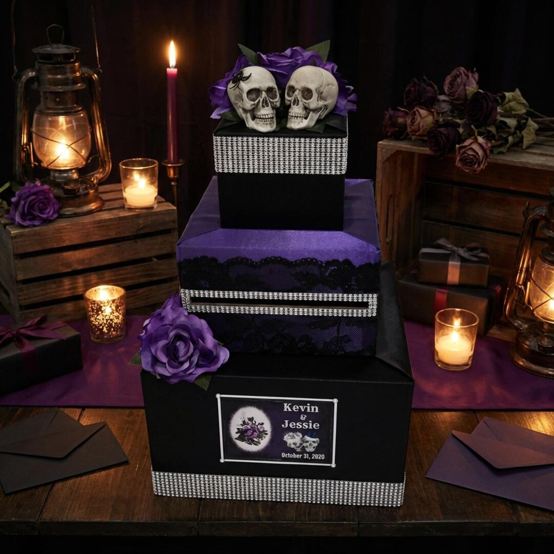 Gothic Wedding Card Box | Purple & Black Skull Cake Design - Etsy