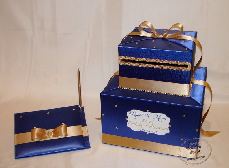 Royal Theme Card Box and matching Guest Book with pen-Royal Blue and Gold 画像 1