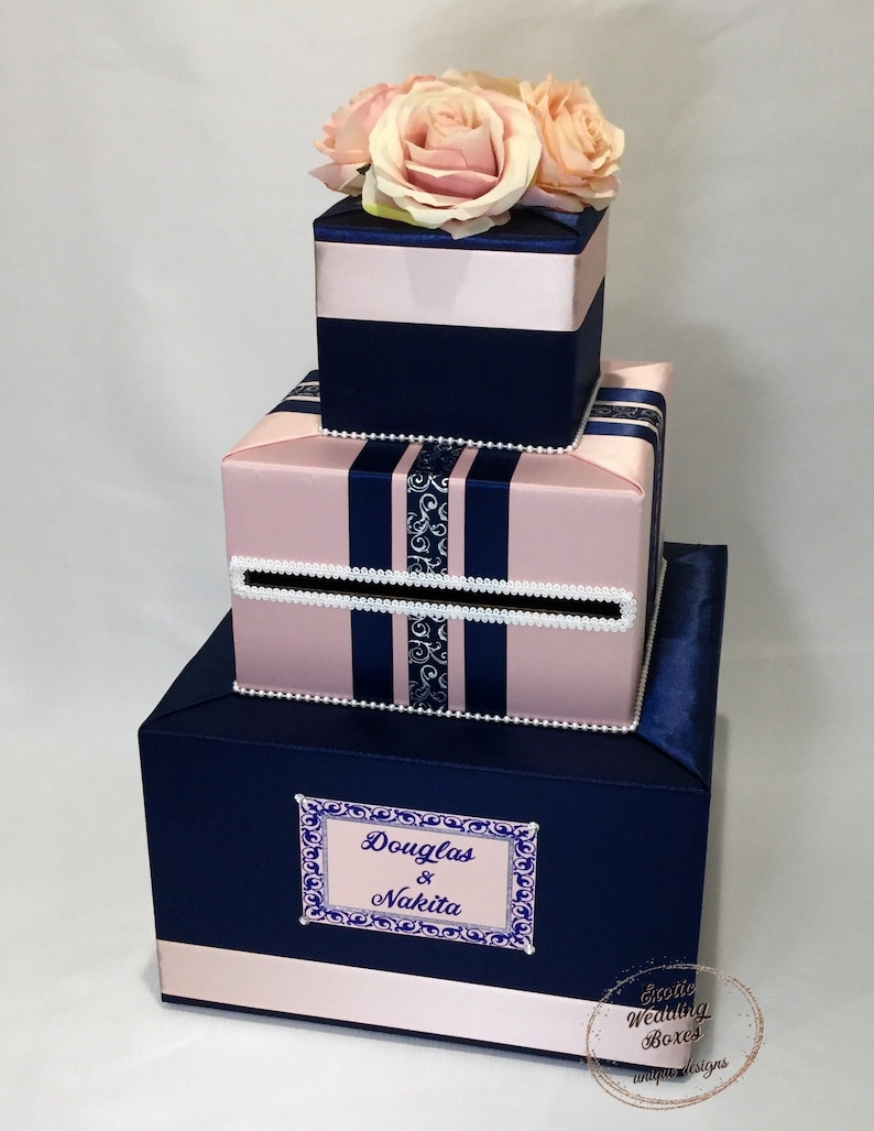 Navy Blue and Blush Pink Wedding Card Box image 1
