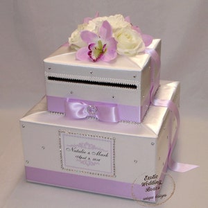 Caja de tarjetas blanca y lila/lavanda-Flores de seda-Orquídeas