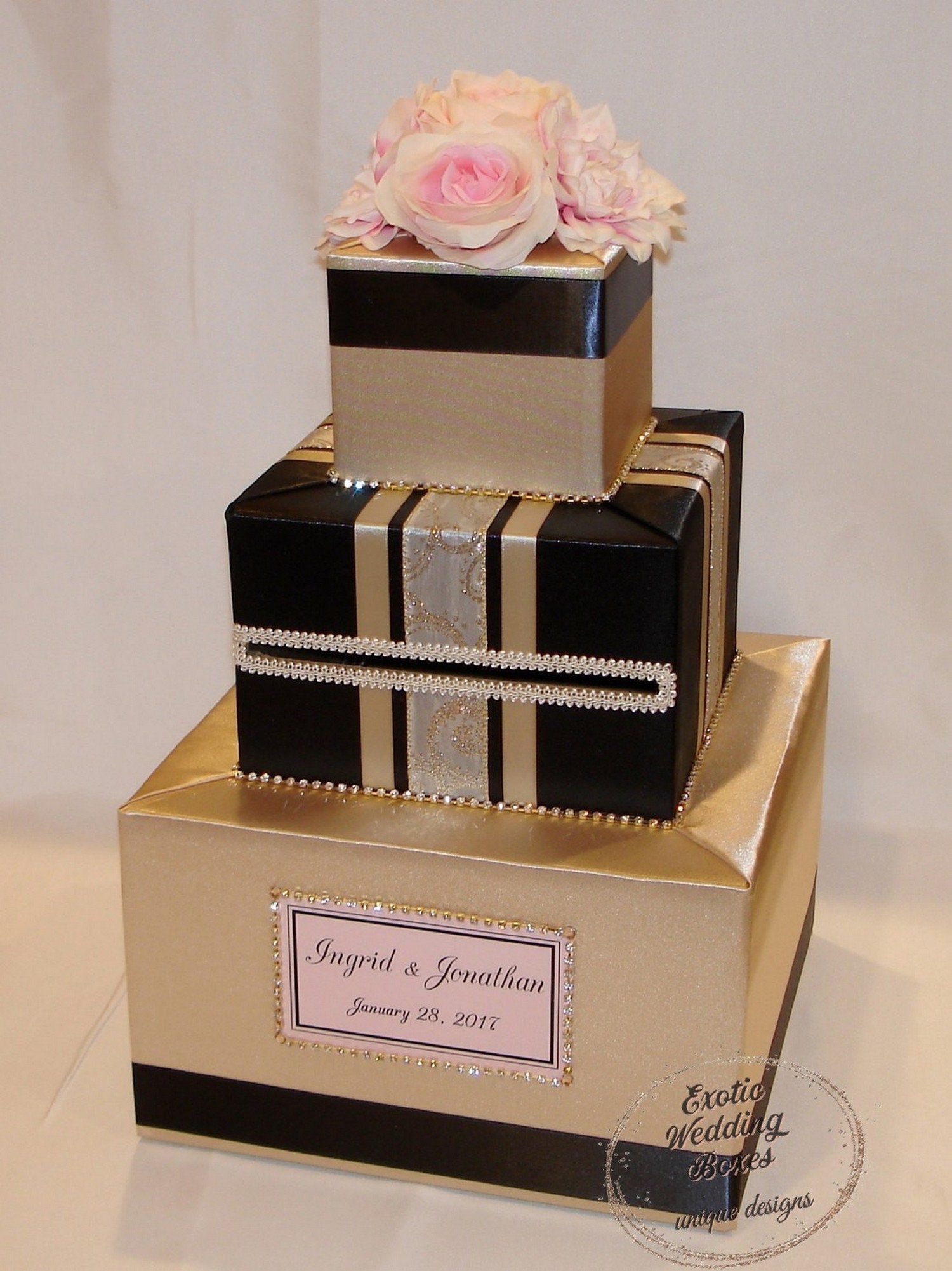 Black and Gold Card box with Blush Pink FlowersRhinestone accents