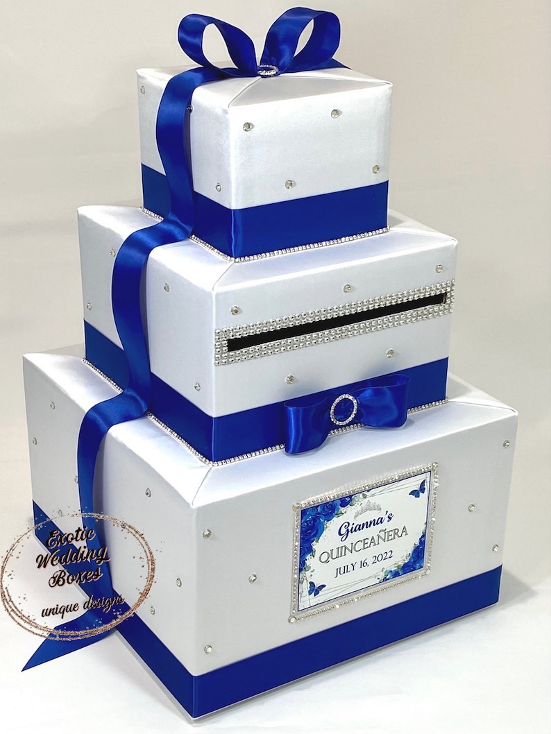 White & Royal Blue Wedding Card Box – Elegant Gift Card Holder for ...