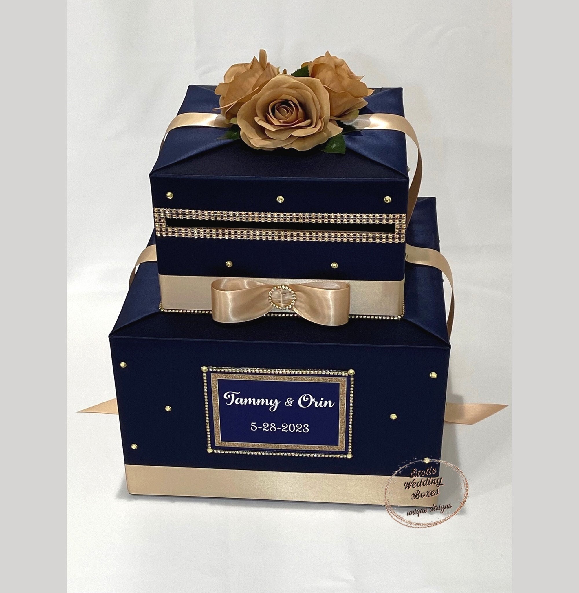 Navy Blue & Champagne Gold Card Box | Personalized Wedding Card Holder ...