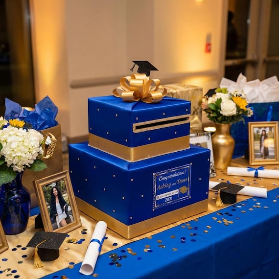 grad gift card box Navy Blue Silver Foil Graduation for Party Wedding Reception a brass nameplate Personalized College Gift Card Money