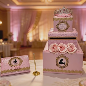 Sleeping Beauty Card Box and Guest Book with Pen – Princess Wedding, Quinceañera, Sweet Sixteen Party Decor
