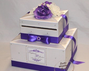 Elegant Purple and White Wedding Card Box-Purple/White Flower Topper-Rhinestone accents