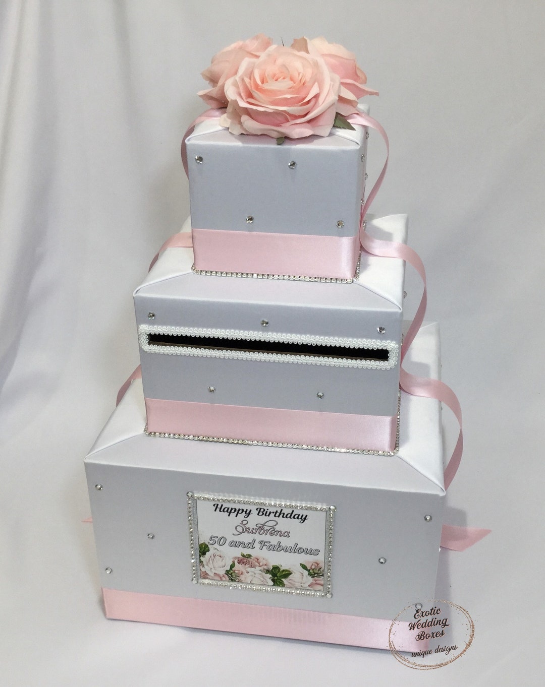 White and Blush Pink Card Box With Rhinestones, Crystals, Blush Pink
