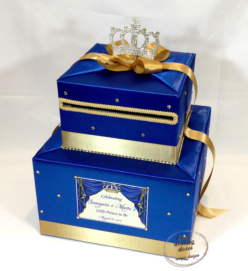Royal Themed Card Box with Crown Topper-Royal Blue and Gold image 1