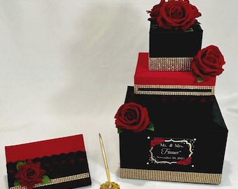 BLACK, RED and GOLD Card Box and Guest Book with Pen for Any Special Occasion