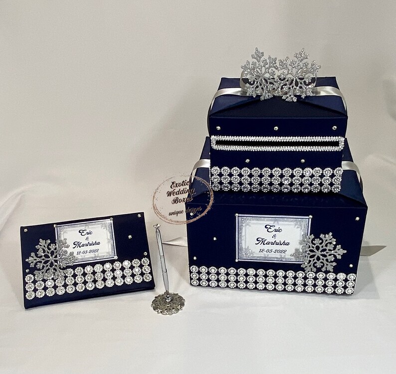 Navy Blue and Silver Winter Wedding Card Box With Snowflakes | Guest ...