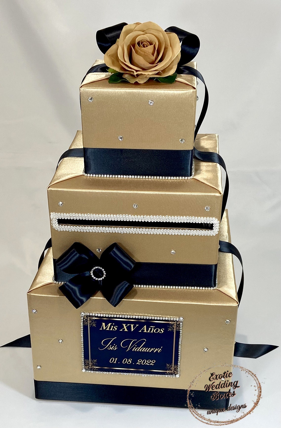 Champagne and Black Wedding Card Box-rhinestone Accents - Etsy