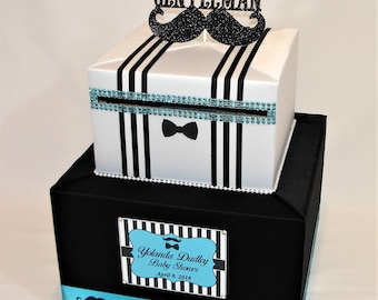 Little Man/ Little Gentleman/Mustache theme Baby Shower/Birthday Party Card Box -Black, White and Blue