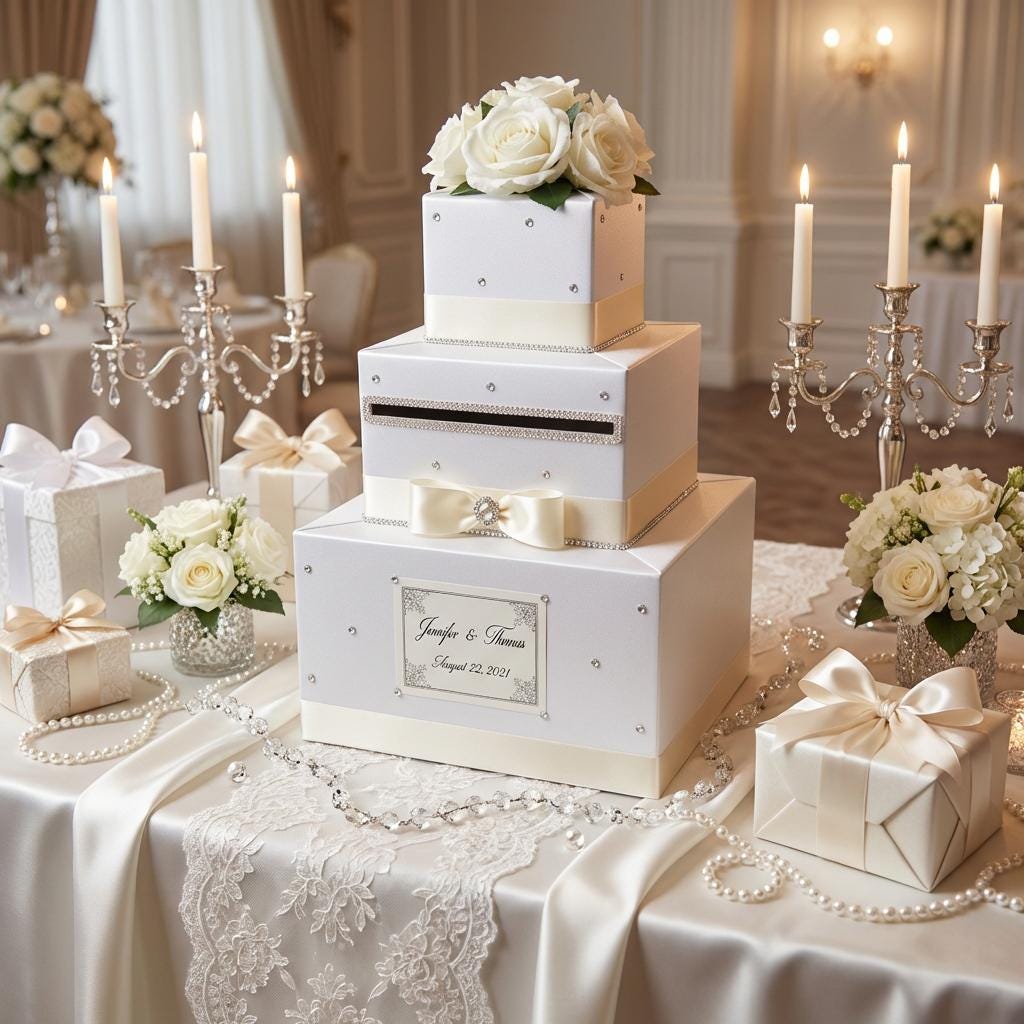 Elegant White Rose Wedding Card Box | Stacked Gift Card Holder - Etsy
