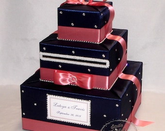 Navy Blue and Coral Wedding Card Box-any colors can be made