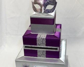 Silver and Purple Masquerade Card Box with Masquerade Mask Topper