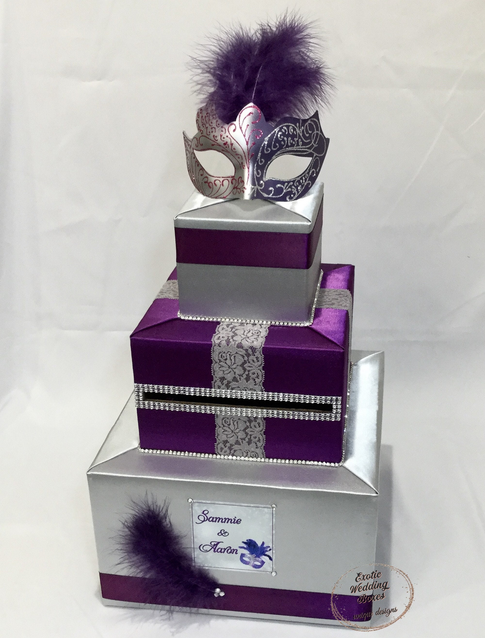 Silver and Purple Masquerade Card Box with Masquerade Mask Topper