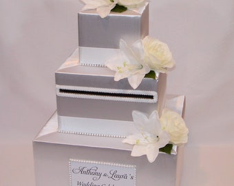 WHITE on WHITE Wedding Card Box-Silk Flowers, Pearl accents
