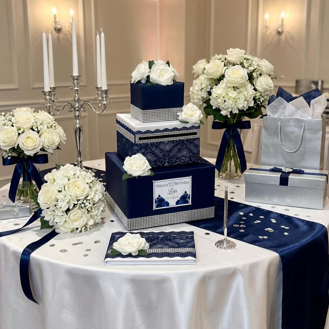 Navy Blue and White Card Box and Guest Book – Elegant Wedding Reception ...