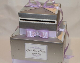 Silver and Lavender Wedding Card Box-Rhinestone accents