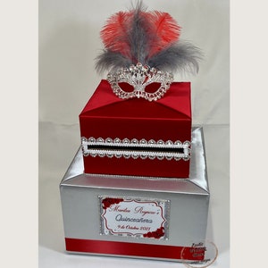 Red and Silver Masquerade themed Card Box, Masquerade Sweet 16, Masquerade Quinceanera, Masquerade Birthday Party