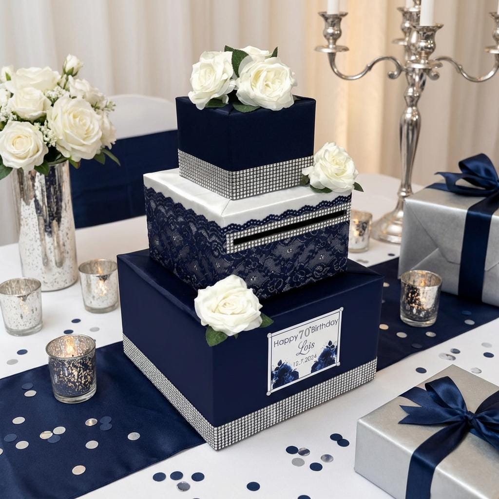 Navy Blue and White Card Box and Guest Book – Elegant Wedding Reception ...