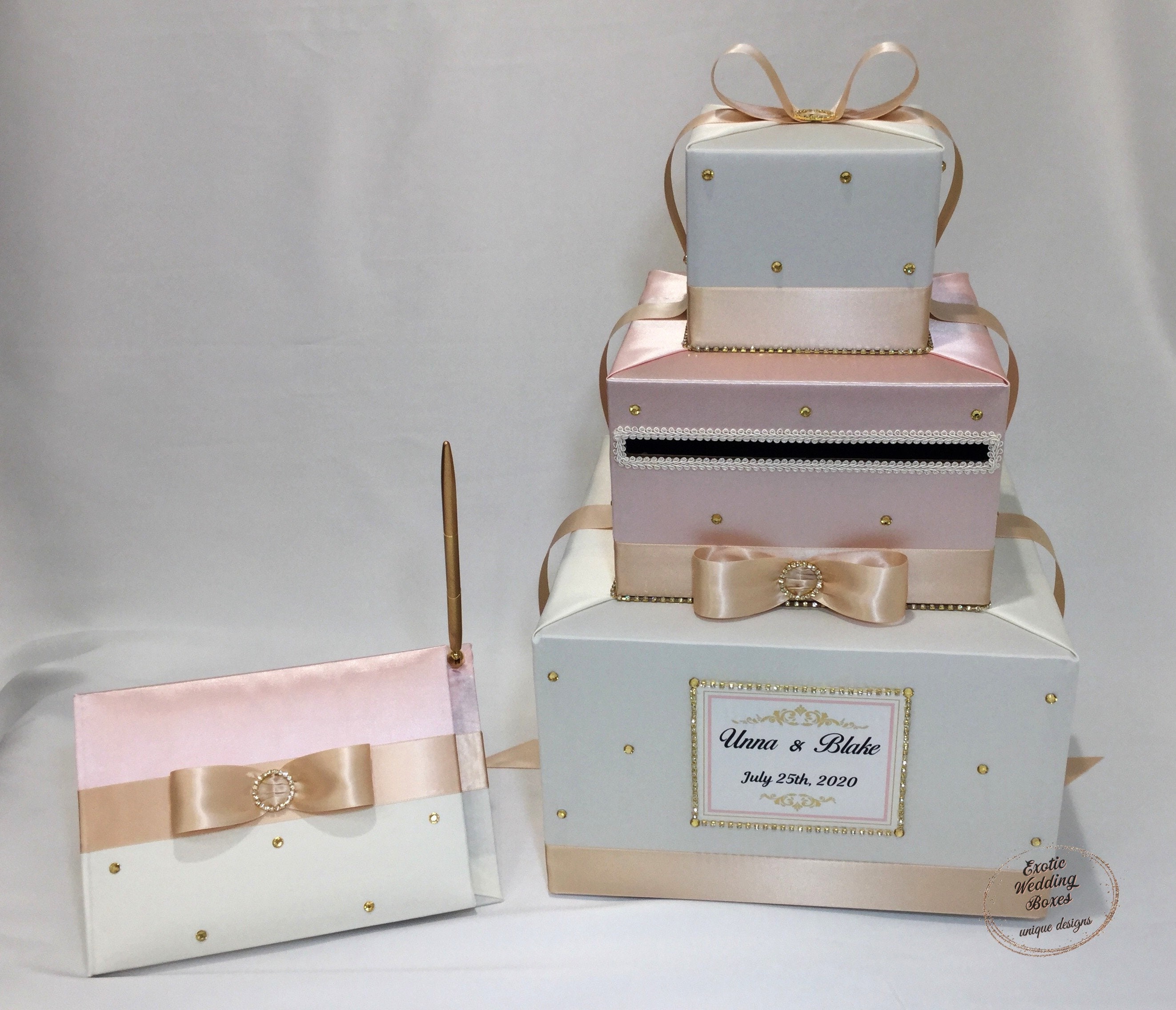 Elegant Custom made Ivory/Champagne Wedding Card Box- Gold Rhinestones