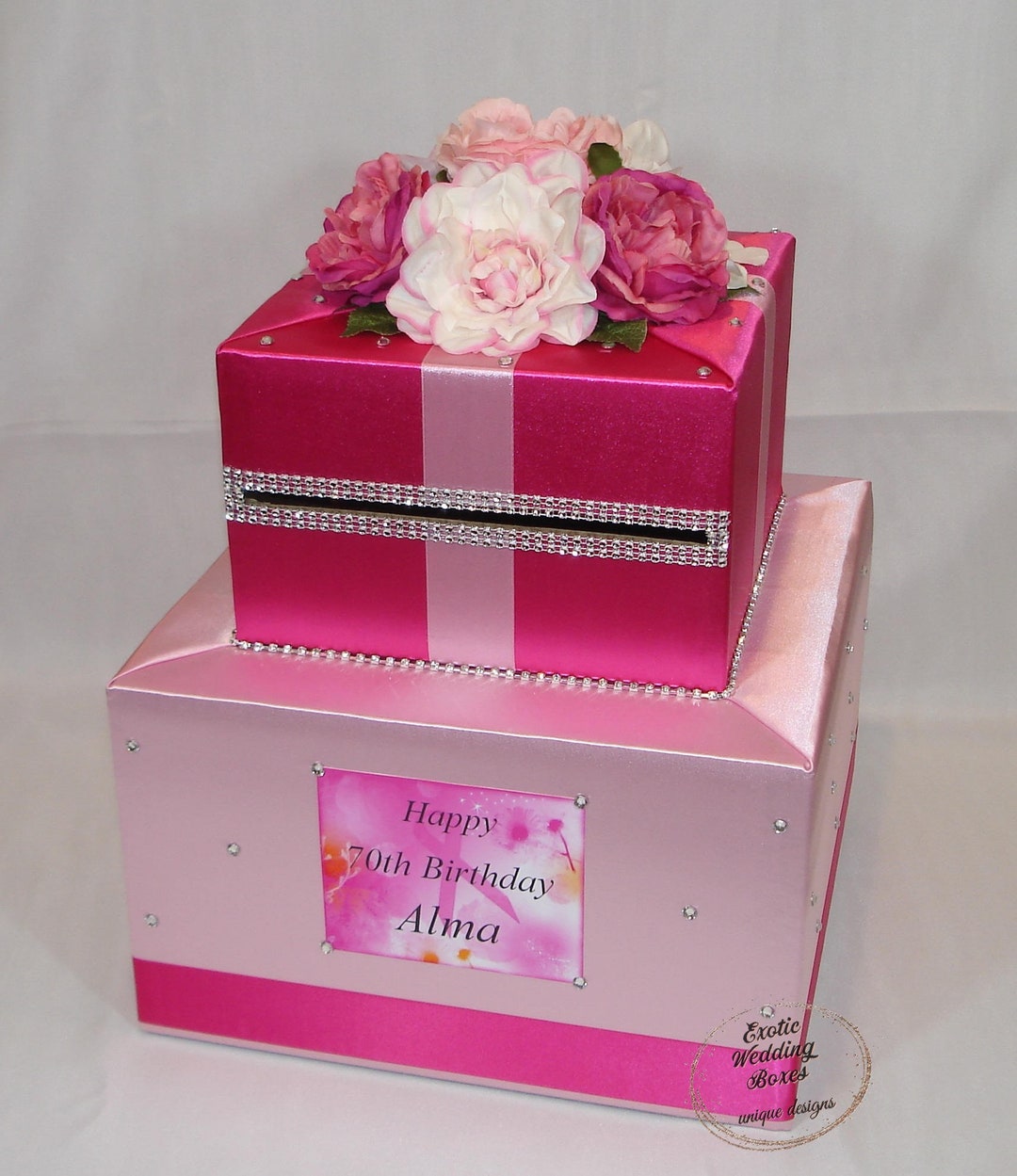 Pink and Fuchsia/hot Pink Card Boxsilk Flowersrhinestone Accents Etsy