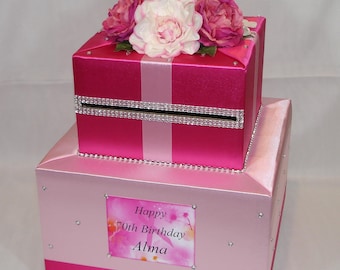 Pink and Fuchsia/Hot Pink Card Box-Silk Flowers-Rhinestone accents