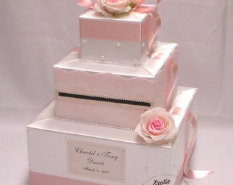 Ivory/Blush Pink Card Box-Lace , Rose , Pearl accents