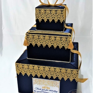Caja de tarjetas de boda de encaje azul marino y dorado, titular de la tarjeta, deseando bien cualquier color